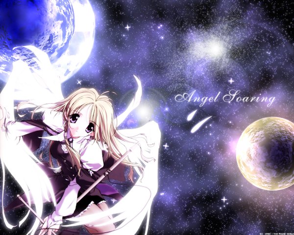 Anime picture 1280x1024 with aquarian age nathanael sasaki mutsumi exentric single long hair looking at viewer blonde hair purple eyes floating hair third-party edit white wings space girl earrings wings planet