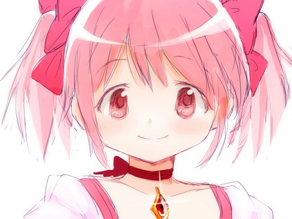 Anime picture 1024x768 with mahou shoujo madoka magica shaft (studio) kaname madoka nanase miri single looking at viewer blush short hair simple background smile white background twintails pink hair pink eyes portrait short twintails girl bow hair bow choker