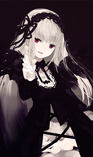 Anime picture 517x865 with rozen maiden suigintou makihitsuji single long hair tall image looking at viewer fringe open mouth simple background smile silver hair blunt bangs head tilt pink eyes black background lolita fashion goth-loli sketch gothic