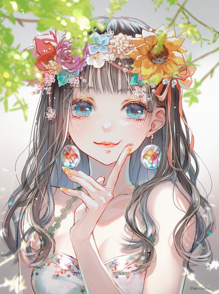 Anime picture 1414x1900 with original ao+beni single long hair tall image looking at viewer blush fringe blue eyes brown hair signed blunt bangs nail polish fingernails lips sleeveless revision girl flower (flowers) ribbon (ribbons)