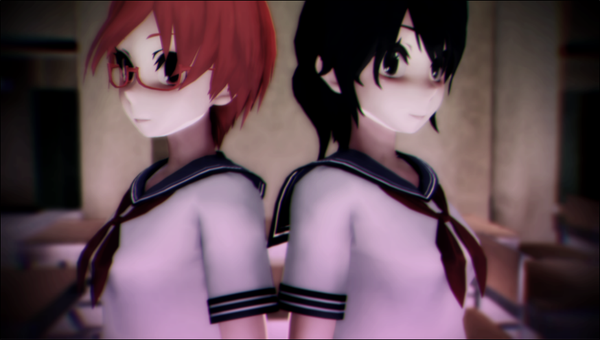 Anime picture 926x526 with yandere simulator yandere-chan info-chan mykawaiidreams short hair black hair wide image multiple girls looking away upper body ponytail red hair black eyes back to back 3d girl uniform 2 girls glasses serafuku