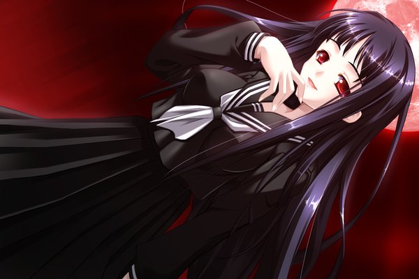 Anime picture 1536x1024 with atlach-nacha hirasaka hatsune argenteumastrum single long hair black hair red eyes red moon girl skirt shirt serafuku