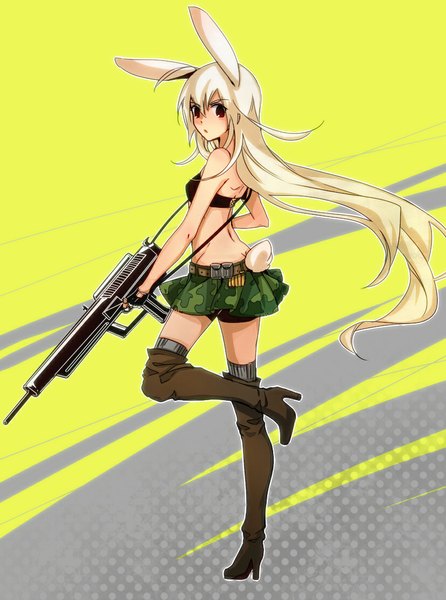 Anime picture 826x1111 with original bunnyhana single long hair tall image looking at viewer blush fringe breasts blonde hair red eyes holding animal ears tail animal tail high heels bunny ears dark skin bunny tail girl