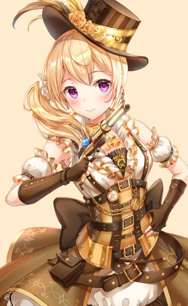 Anime picture 849x1385 with bang dream! shirasagi chisato lunacle single long hair tall image looking at viewer blush fringe breasts simple background blonde hair smile standing purple eyes holding payot arm up short sleeves puffy sleeves