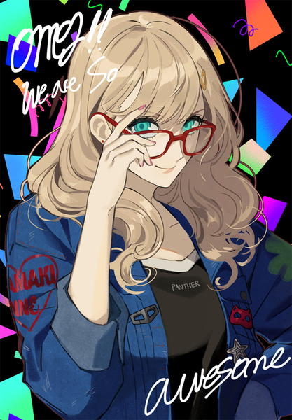 Anime picture 900x1294 with persona 5 persona takamaki anne poti single long hair tall image looking at viewer fringe blonde hair smile upper body nail polish aqua eyes open jacket alternate hairstyle adjusting glasses bespectacled hair down girl