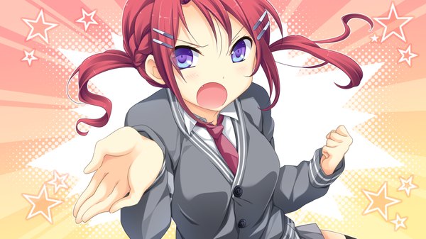 Anime picture 1280x720 with kanojo to ore to koibito to marui (koedame) long hair blush open mouth blue eyes wide image game cg red hair girl uniform hair ornament school uniform hairclip