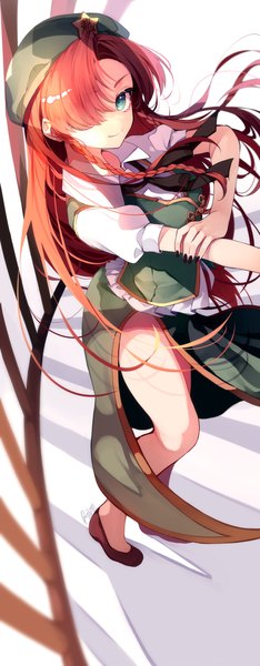 Anime picture 1000x2560 with touhou hong meiling risui (suzu rks) single long hair tall image looking at viewer fringe red hair braid (braids) aqua eyes from above wind hair over one eye shadow puffy sleeves side slit holding arm girl skirt