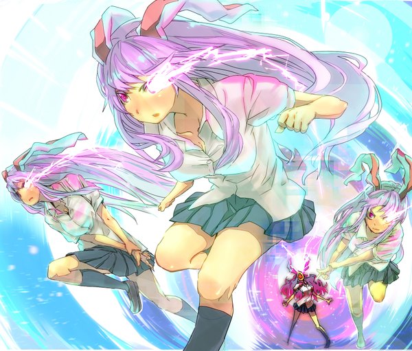 Anime picture 1700x1450 with touhou reisen udongein inaba potionu long hair open mouth animal ears purple hair pink eyes bunny ears glowing glowing eye (eyes) running multiple persona screaming girl socks black socks