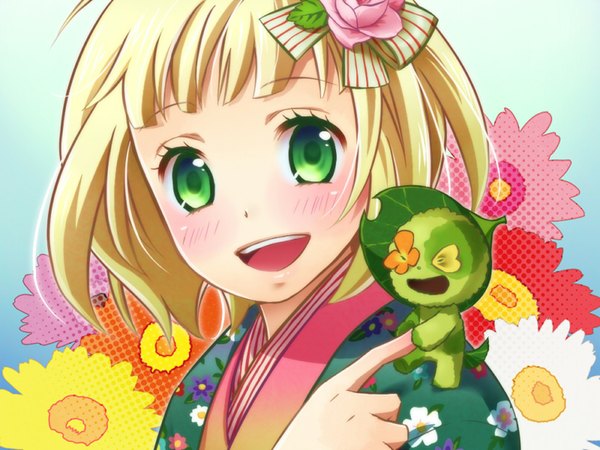 Anime picture 1024x768 with ao no exorcist a-1 pictures moriyama shiemi nii (ao no exorcist) blush short hair open mouth simple background blonde hair smile green eyes demon girl flower (flowers)
