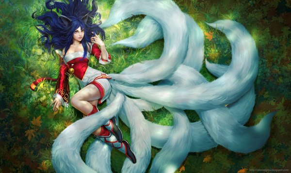 Anime picture 1600x954 with league of legends ahri (league of legends) alexnegrea single long hair looking at viewer breasts wide image large breasts bare shoulders signed animal ears blue hair tail lying animal tail fox ears fox tail fox girl multiple tails