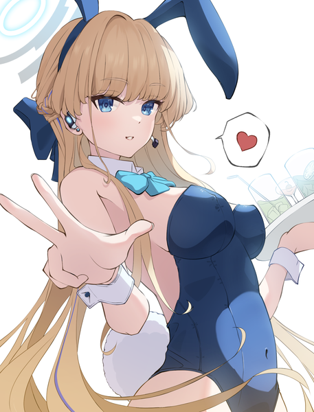 Anime picture 1181x1551 with blue archive toki (blue archive) toki (bunny) (blue archive) shijima (shijima tc) single long hair tall image blue eyes light erotic simple background blonde hair white background animal ears tail animal tail bunny ears official alternate costume covered navel fake animal ears bunny tail