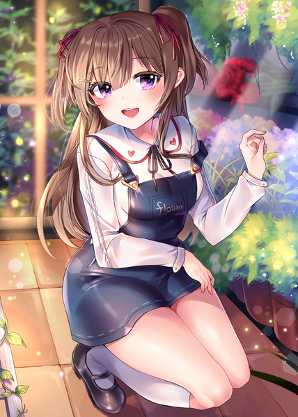 Anime picture 1500x2100 with original xes (xes 5377) single long hair tall image looking at viewer blush fringe open mouth smile hair between eyes brown hair purple eyes full body bent knee (knees) outdoors long sleeves :d arm up two side up