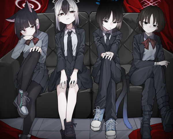 Anime picture 3500x2800 with blue archive kazusa (blue archive) kayoko (blue archive) kikyou (blue archive) misaki (blue archive) vivo (vivo sun 0222) looking at viewer fringe highres short hair open mouth black hair hair between eyes sitting multiple girls animal ears absurdres bent knee (knees) white hair parted lips