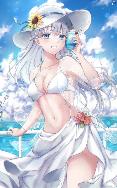 Anime-Bild 1295x2080 mit original tsumugi 8345 single long hair tall image looking at viewer blush fringe breasts blue eyes light erotic smile hair between eyes large breasts standing holding sky cleavage cloud (clouds) outdoors