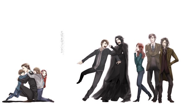 Anime picture 1920x1080 with harry potter severus snape harry potter (character) lily evans sirius black james potter remus lupin long hair blush highres short hair open mouth black hair simple background smile red eyes brown hair wide image white background green eyes