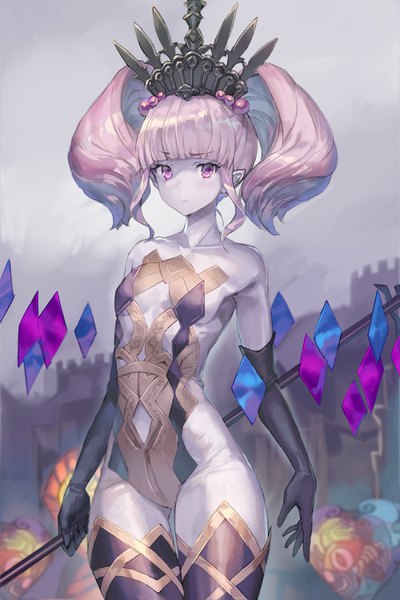 Anime picture 800x1200 with final fantasy final fantasy xiv square enix momoko (momopoco) single tall image looking at viewer fringe short hair light erotic standing purple eyes twintails pink hair pointy ears short twintails girl gloves black gloves elbow gloves