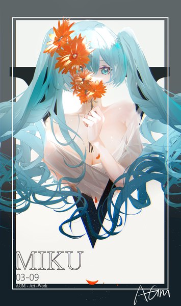 Anime picture 1360x2300 with vocaloid hatsune miku omone hokoma agm single long hair tall image fringe breasts light erotic hair between eyes large breasts twintails signed cleavage upper body aqua eyes aqua hair character names covering framed