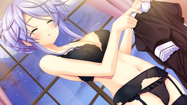 Anime picture 1280x720 with nosferatu no omocha melody fork maki yahiro single long hair blush breasts open mouth light erotic wide image payot game cg purple hair eyes closed underwear only ^ ^ ^o^ girl thighhighs navel