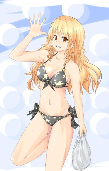 Anime picture 1274x2000 with touhou kirisame marisa derrasanc single long hair tall image light erotic blonde hair smile yellow eyes star print girl navel swimsuit bikini star (symbol) black bikini