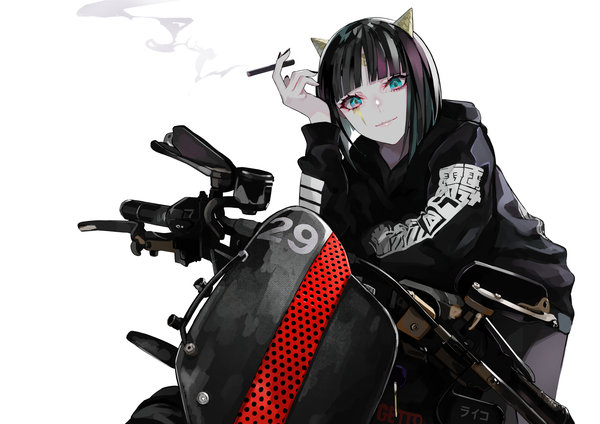 Anime picture 1500x1059 with original lam (ramdayo) single looking at viewer fringe short hair blue eyes black hair simple background smile white background sitting holding animal ears blunt bangs long sleeves nail polish arm up fingernails facial mark