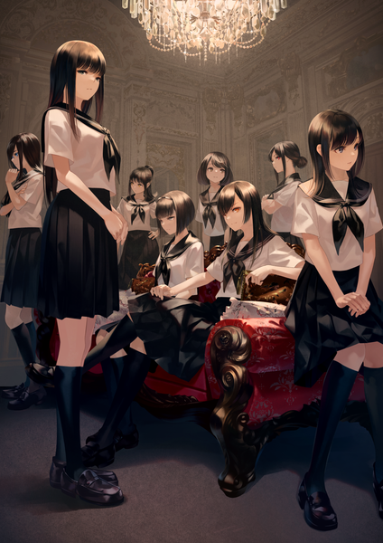 Anime picture 1273x1800 with original sousou (sousouworks) long hair tall image looking at viewer fringe short hair blue eyes red eyes brown hair standing sitting multiple girls brown eyes yellow eyes payot looking away full body ponytail indoors