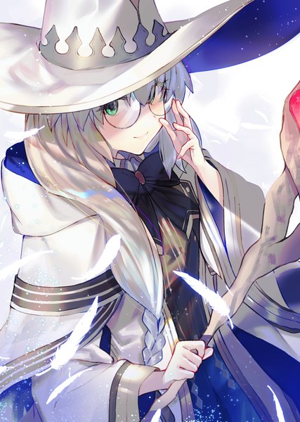 Anime-Bild 2549x3582 mit fate (series) fate/grand order tonelico (fate) tonelico (first ascension) (fate) tsukudani (ore624) single long hair tall image looking at viewer fringe highres smile hair between eyes green eyes silver hair from above girl hat glasses feather (feathers)