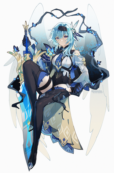 Anime picture 1148x1742 with genshin impact eula lawrence emmikn single long hair tall image looking at viewer fringe hair between eyes sitting signed blue hair full body twitter username multicolored eyes girl gloves weapon sword black gloves