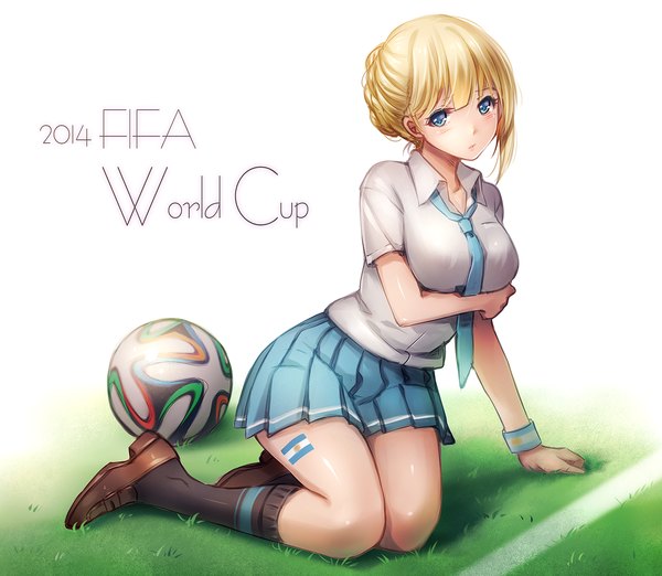 Anime picture 1378x1200 with original world cup 2014 fifa world cup tidsean single looking at viewer short hair breasts blue eyes blonde hair sitting full body breast hold football girl skirt shirt socks necktie shoes