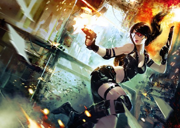 Anime picture 1024x730 with wenjun lin single long hair open mouth brown hair jumping ruins explosion shot girl gloves weapon boots fingerless gloves gun sunglasses microphone