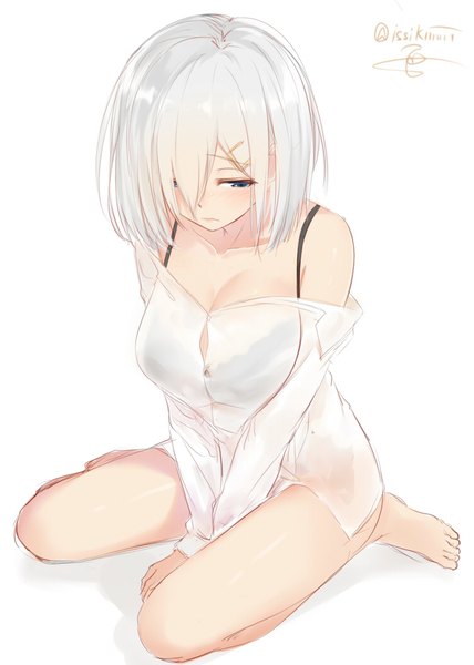 Anime picture 750x1050 with kantai collection hamakaze destroyer isshiki (ffmania7) single tall image blush fringe short hair breasts blue eyes light erotic simple background large breasts white background sitting signed silver hair full body barefoot from above