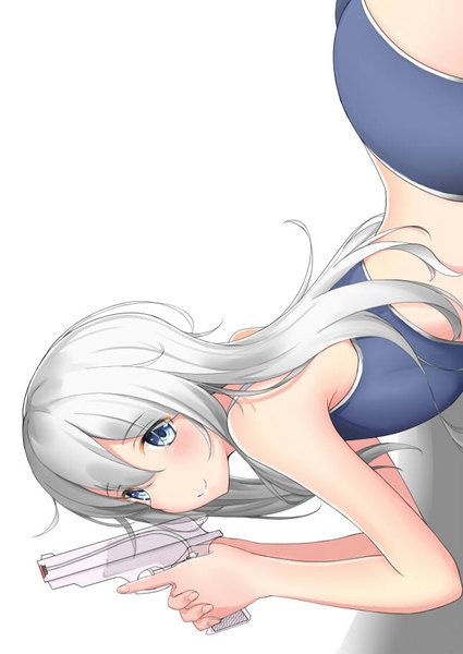 Anime picture 644x910 with kantai collection hibiki destroyer kaze hajime single long hair tall image blush fringe blue eyes light erotic simple background smile hair between eyes white background bare shoulders looking away silver hair girl weapon swimsuit