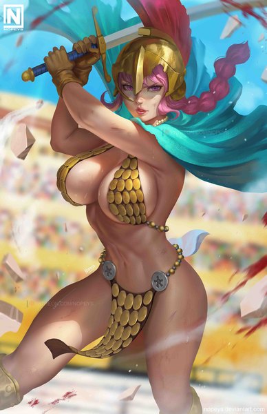 Anime picture 800x1237 with one piece toei animation rebecca (one piece) nopeys single long hair tall image looking at viewer breasts light erotic large breasts holding signed payot pink hair cleavage outdoors braid (braids) parted lips pink eyes