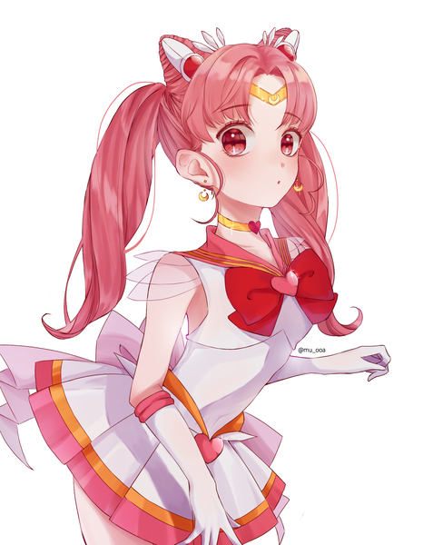Anime picture 1600x2013 with bishoujo senshi sailor moon toei animation chibiusa sailor chibi moon super sailor chibi moon mu ooa single long hair tall image looking at viewer blush fringe simple background red eyes standing white background twintails signed pink hair pleated skirt