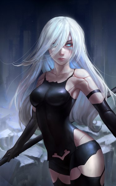 Anime picture 2392x3840 with nier nier:automata yorha type a no. 2 alisa nilsen single long hair tall image looking at viewer fringe highres breasts blue eyes light erotic standing bare shoulders holding white hair hair over one eye realistic mole