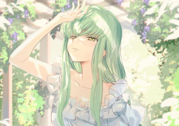 Anime picture 1000x706 with code geass sunrise (studio) c.c. creayus single long hair fringe breasts hair between eyes yellow eyes payot upper body outdoors green hair light smile sunlight shadow short sleeves looking up hand on head
