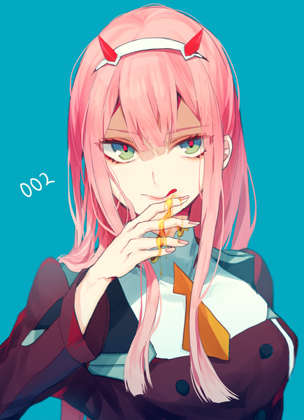 Anime picture 800x1103 with darling in the franxx studio trigger zero two (darling in the franxx) sagatsu (miicat) single long hair tall image looking at viewer fringe simple background hair between eyes standing green eyes payot pink hair upper body nail polish horn (horns) fingernails character names