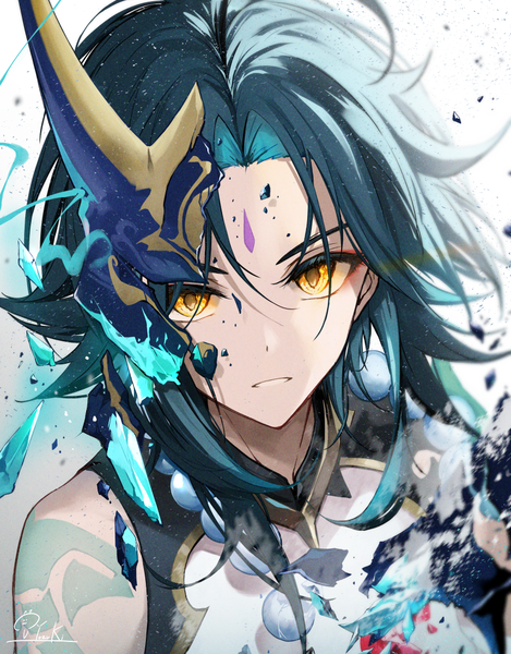 Anime picture 848x1086 with genshin impact xiao (genshin impact) hirai yuzuki single tall image looking at viewer fringe short hair simple background hair between eyes signed yellow eyes upper body parted lips green hair gradient background portrait forehead mark broken boy