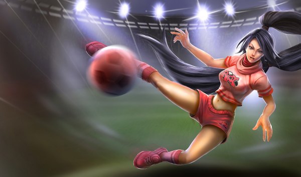 Anime picture 1215x717 with league of legends akali (league of legends) single long hair highres black hair wide image ponytail grey eyes jumping football girl uniform socks shorts knee socks gym uniform ball