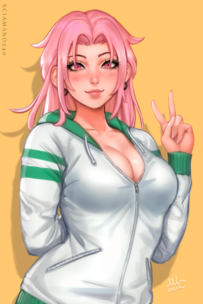 Anime-Bild 802x1200 mit original chloe (sciamano240) sciamano240 single long hair tall image looking at viewer blush fringe breasts light erotic simple background smile large breasts standing signed pink hair cleavage upper body long sleeves