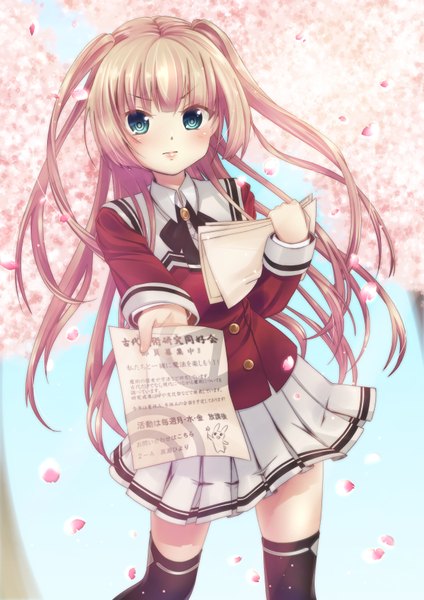 Anime picture 2480x3508 with original aliceword single long hair tall image looking at viewer blush highres blue eyes blonde hair sky lips inscription cherry blossoms serious girl thighhighs skirt uniform hair ornament