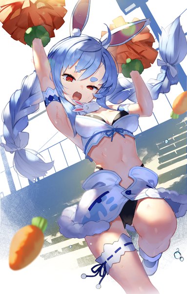 Anime picture 2076x3250 with virtual youtuber hololive usada pekora don-chan (usada pekora) scottie (phantom2) single long hair tall image looking at viewer fringe highres breasts open mouth light erotic red eyes holding animal ears payot blue hair cleavage