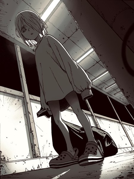 Anime picture 2189x2911 with original omao single tall image fringe highres short hair standing full body long sleeves barefoot hair over one eye from below dutch angle looking down monochrome hands in sleeves girl shoes slippers