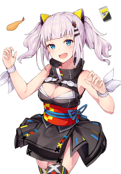 Anime picture 1350x1937 with virtual youtuber the moon studio kaguya luna black cola single tall image looking at viewer blush short hair breasts open mouth blue eyes simple background white background twintails bare shoulders payot cleavage silver hair :d