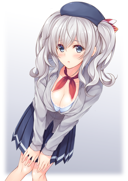 Anime picture 723x1023 with kantai collection kashima training cruiser pasdar single long hair tall image looking at viewer blush breasts blue eyes light erotic cleavage silver hair girl skirt lingerie bra