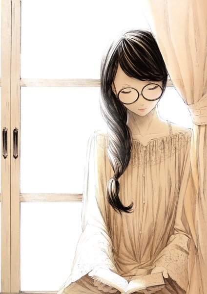Anime picture 1000x1414 with original sousou (sousouworks) single long hair tall image blush black hair sitting holding braid (braids) eyes closed lipstick single braid monochrome casual reading girl glasses window book (books)