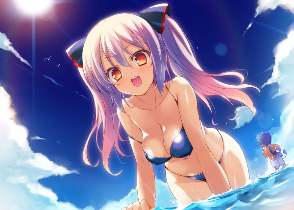 Anime picture 1200x858 with original sdwing long hair breasts open mouth light erotic red eyes twintails pink hair sky cloud (clouds) from behind sunlight girl swimsuit bikini