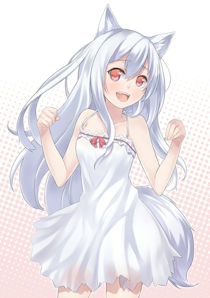 Anime picture 706x1000 with original ray-akila single long hair tall image open mouth red eyes animal ears white hair tail animal tail girl dress