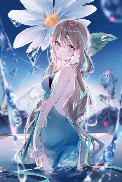 Anime picture 967x1433 with original miwano rag single long hair tall image looking at viewer blush fringe blue eyes brown hair standing outdoors night sparkle night sky partially submerged turning head holding arm girl flower (flowers)