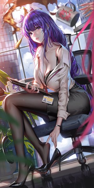 Anime picture 2000x4000 with genshin impact raiden shogun yae miko liang xing single tall image looking at viewer fringe highres breasts light erotic large breasts sitting purple eyes holding sky cleavage purple hair cloud (clouds) full body