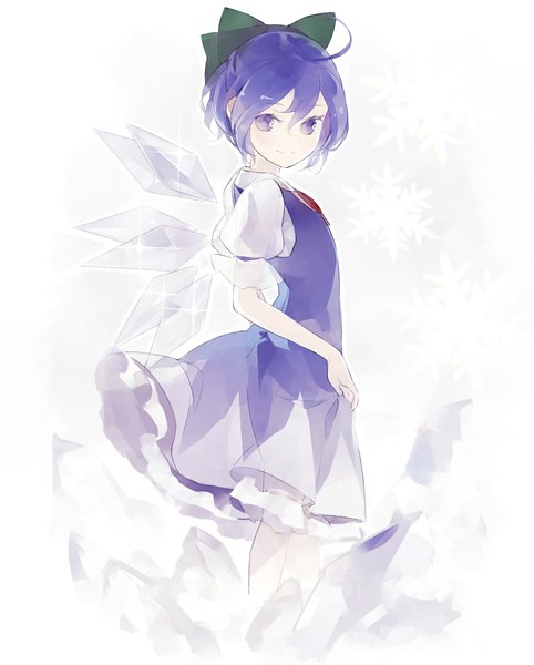 Anime picture 943x1174 with touhou cirno shihou (g-o-s) single tall image looking at viewer short hair blue eyes white background blue hair ahoge light smile girl dress bow hair bow wings snowflake (snowflakes) ice